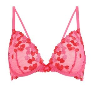 NEW Love Vera Embroidered Heart Unlined Plunge Bra Bubblegum Pink Curvy 32DD 32E